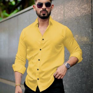 Men’s Solid Yellow Cotton Shirt – Casual Slim Fit Full Sleeves