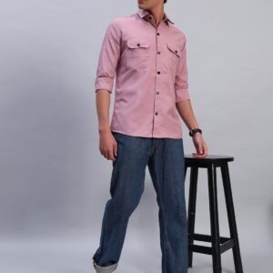 Men’s Solid Pink Cotton Shirt – Casual Slim Fit with Flap Pockets