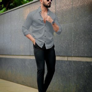 Men’s Solid Grey Cotton Shirt – Casual Slim Fit Full Sleeves