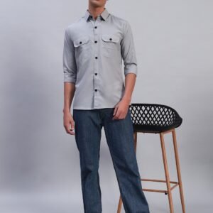 Men’s Solid Gray Cotton Shirt – Casual Slim Fit with Flap Pockets