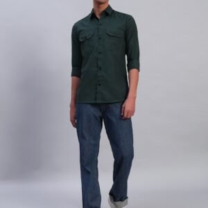 Men’s Solid Dark Green Cotton Shirt – Casual Slim Fit with Flap Pockets