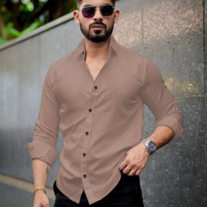 Men’s Solid Beige Cotton Shirt – Casual Slim Fit Full Sleeves