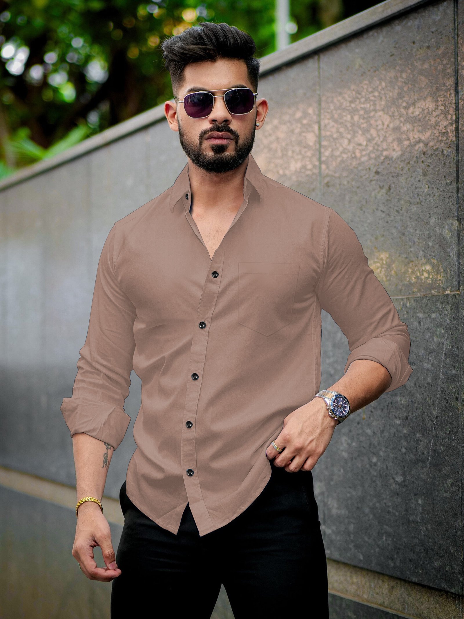 Men’s Solid Beige Cotton Shirt – Casual Slim Fit Full Sleeves
