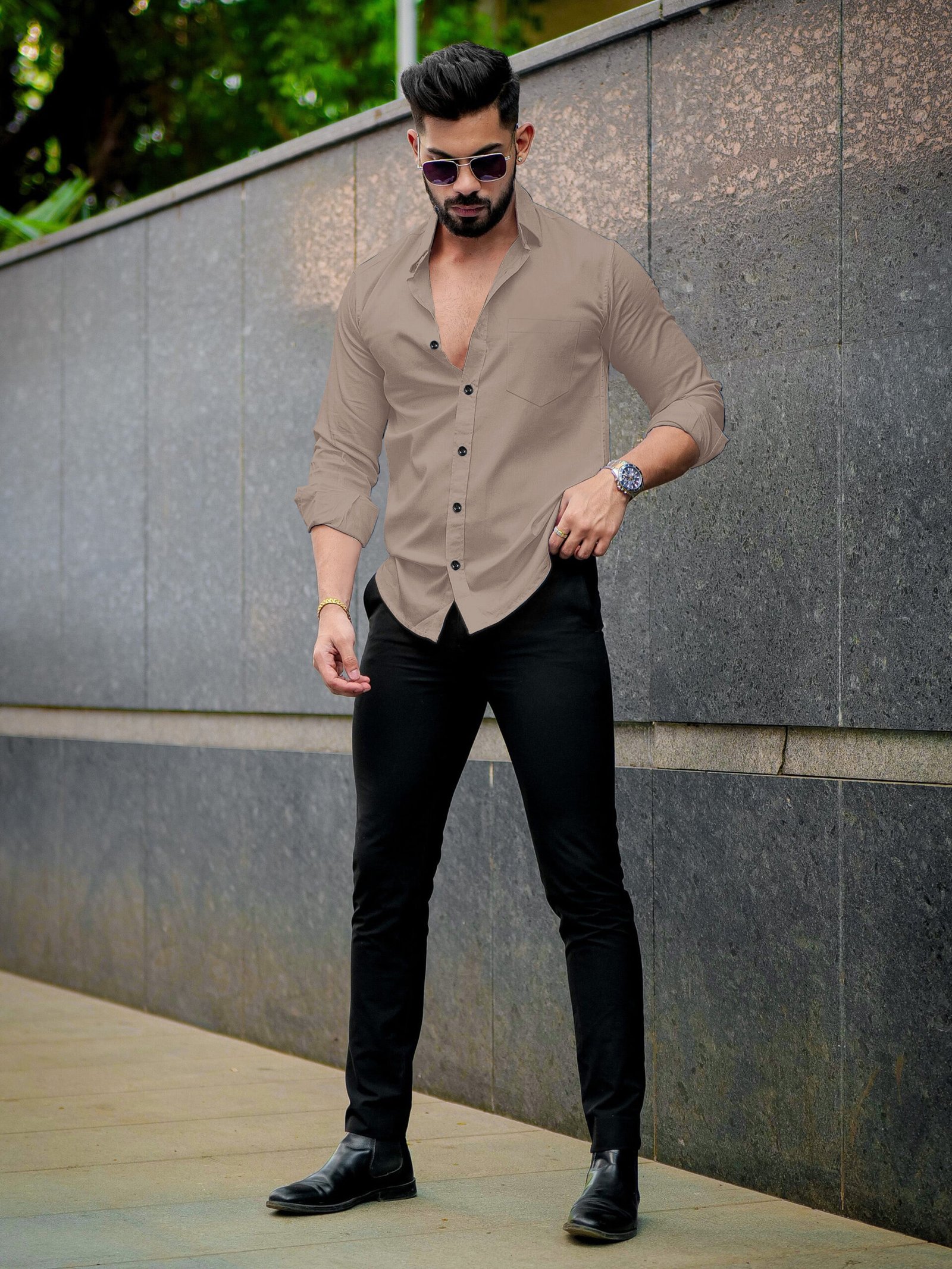 Men’s Solid Beige Cotton Shirt – Casual Slim Fit Full Sleeves - Image 3