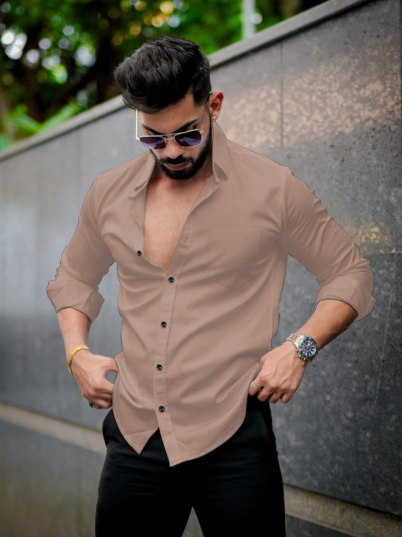 Men’s Solid Beige Cotton Shirt – Casual Slim Fit Full Sleeves - Image 2