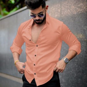 Men’s Solid Orange Cotton Shirt – Casual Slim Fit Full Sleeves