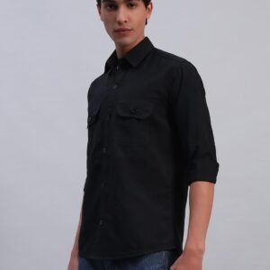 Men’s Solid Black Cotton Shirt – Casual Slim Fit with Flap Pockets