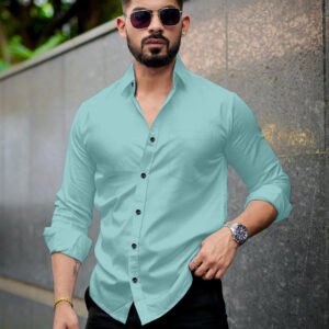 Men’s Solid Cyan Cotton Shirt – Casual Slim Fit Full Sleeves
