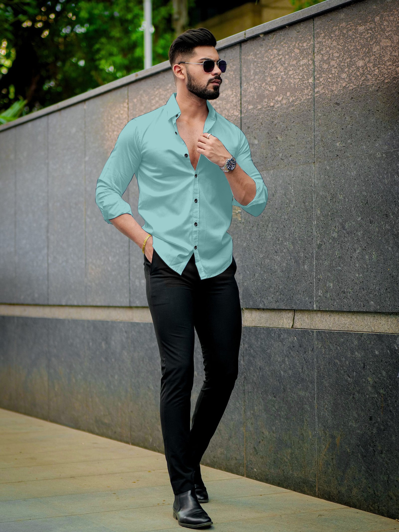 Men’s Solid Cyan Cotton Shirt – Casual Slim Fit Full Sleeves - Image 2