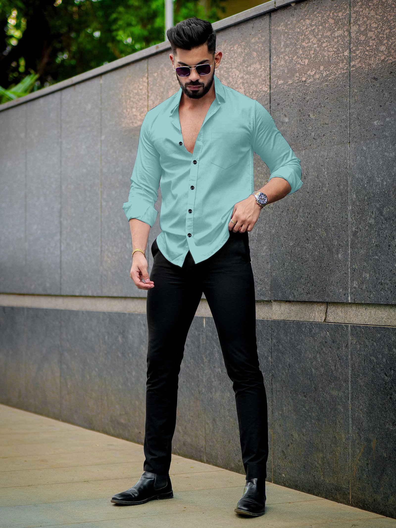 Men’s Solid Cyan Cotton Shirt – Casual Slim Fit Full Sleeves - Image 3