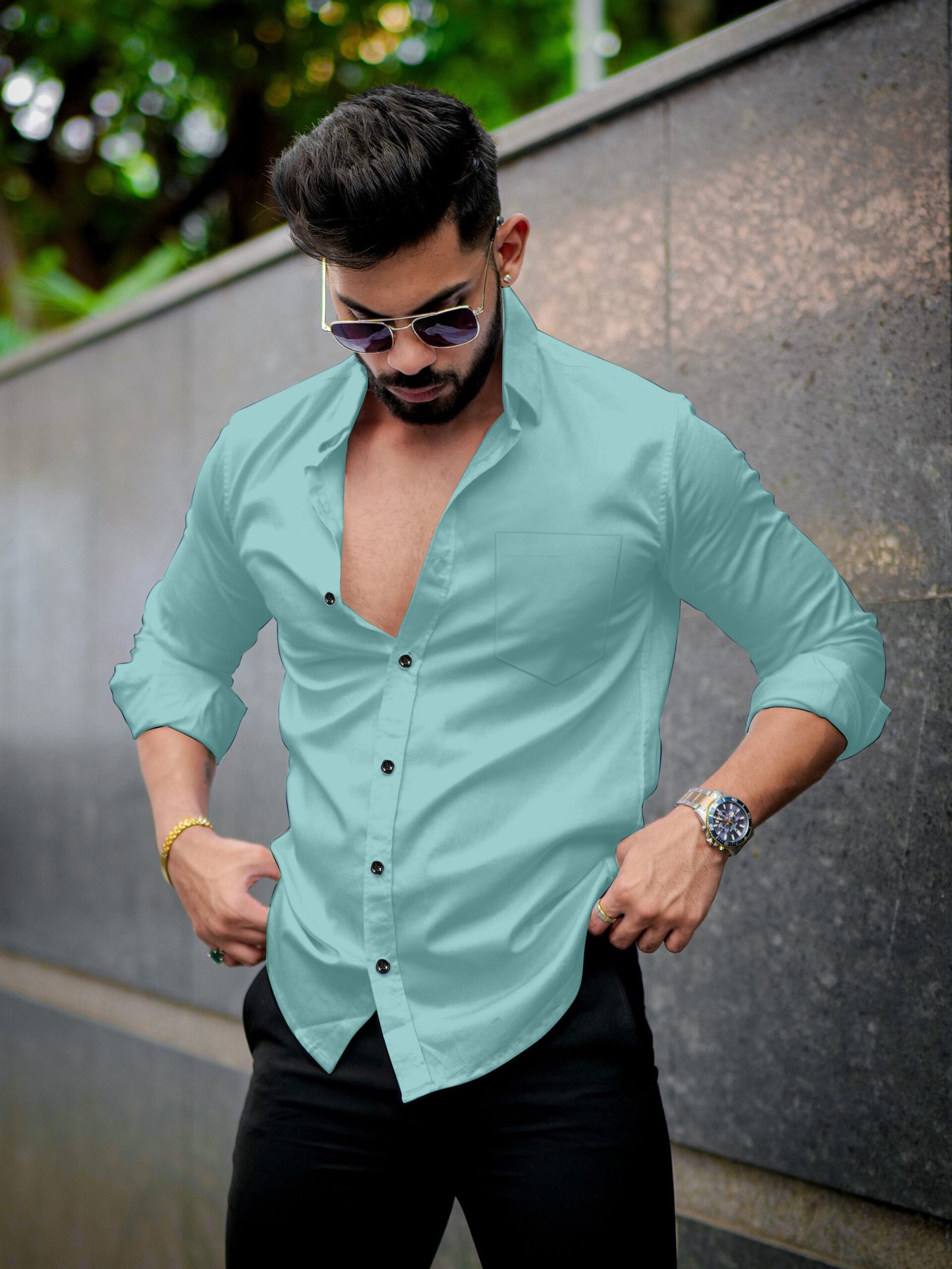 Men’s Solid Cyan Cotton Shirt – Casual Slim Fit Full Sleeves - Image 5
