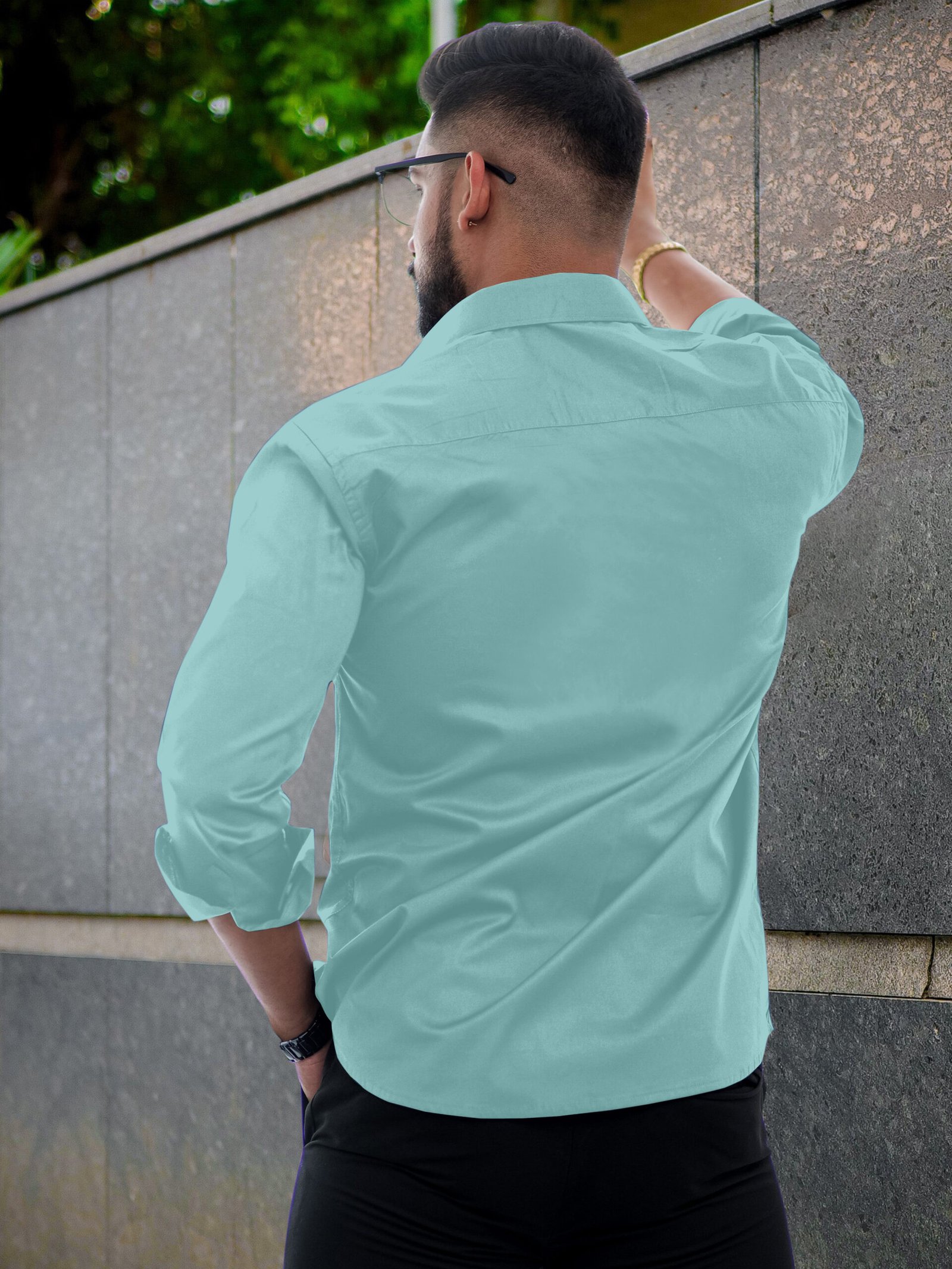 Men’s Solid Cyan Cotton Shirt – Casual Slim Fit Full Sleeves - Image 6