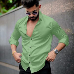 Men’s Solid Light Green Cotton Shirt – Casual Slim Fit Full Sleeves