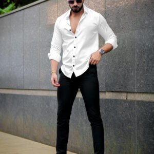 Men’s Solid White Cotton Shirt – Casual Slim Fit Full Sleeves