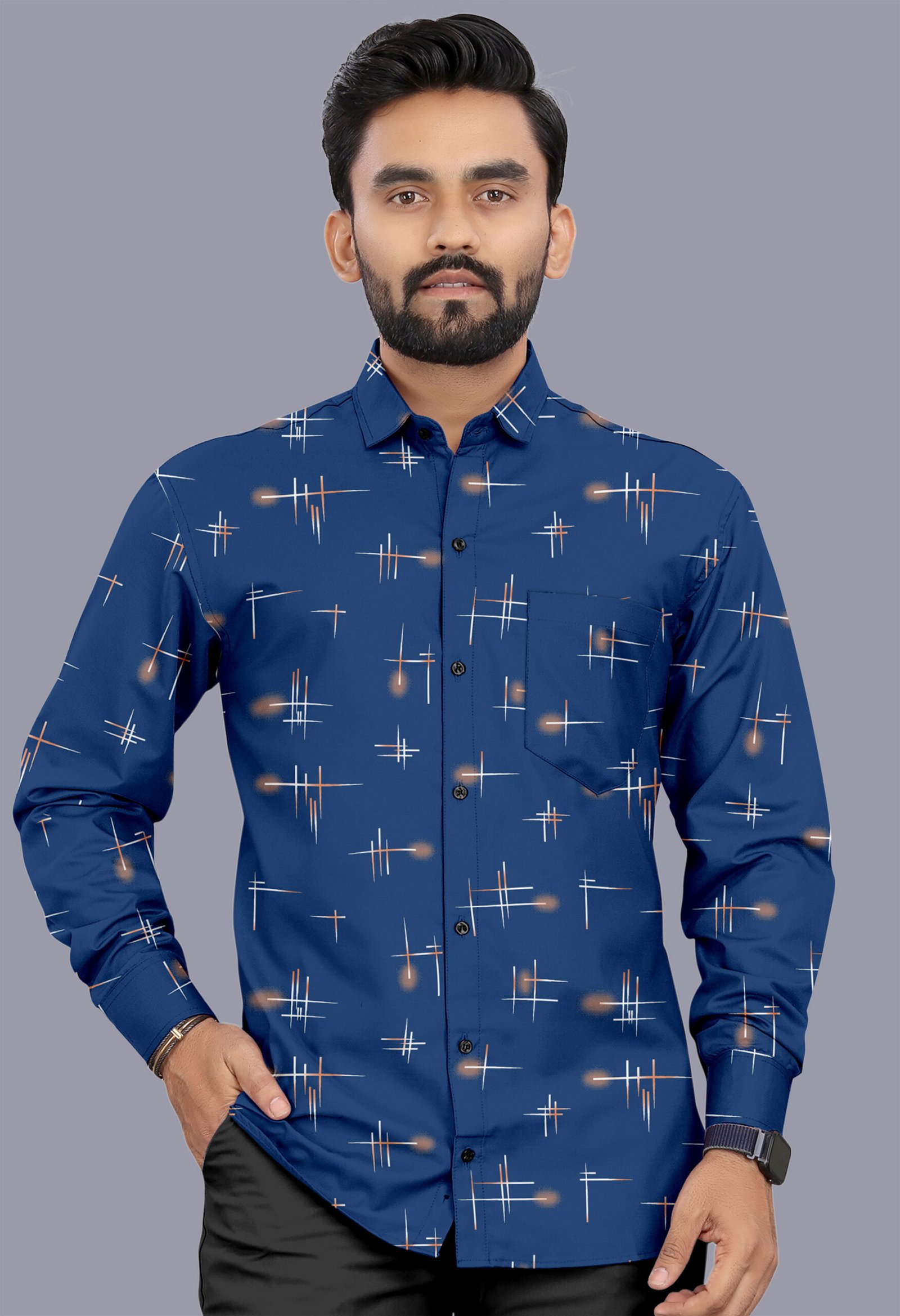 Midnight Blue Printed Casual Shirt for Men