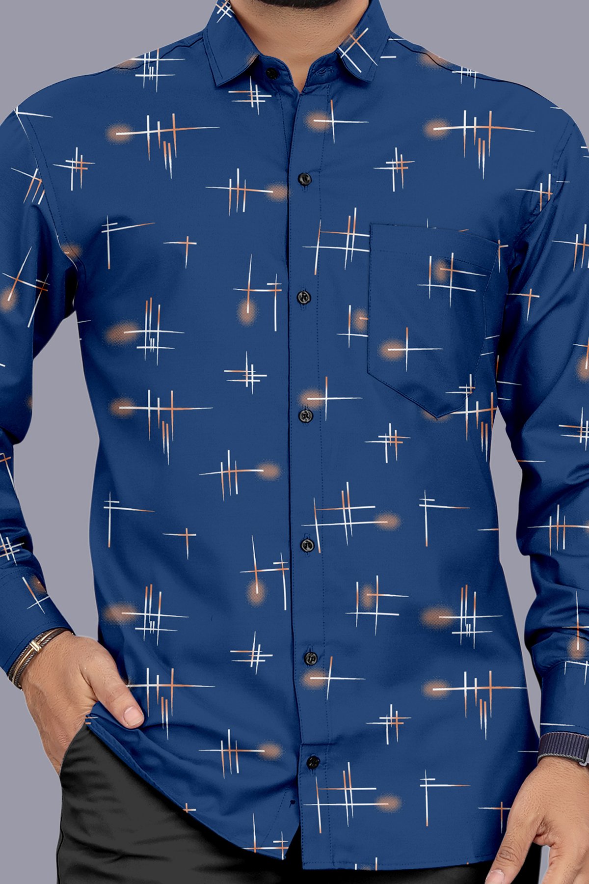 Midnight Blue Printed Casual Shirt for Men - Image 2