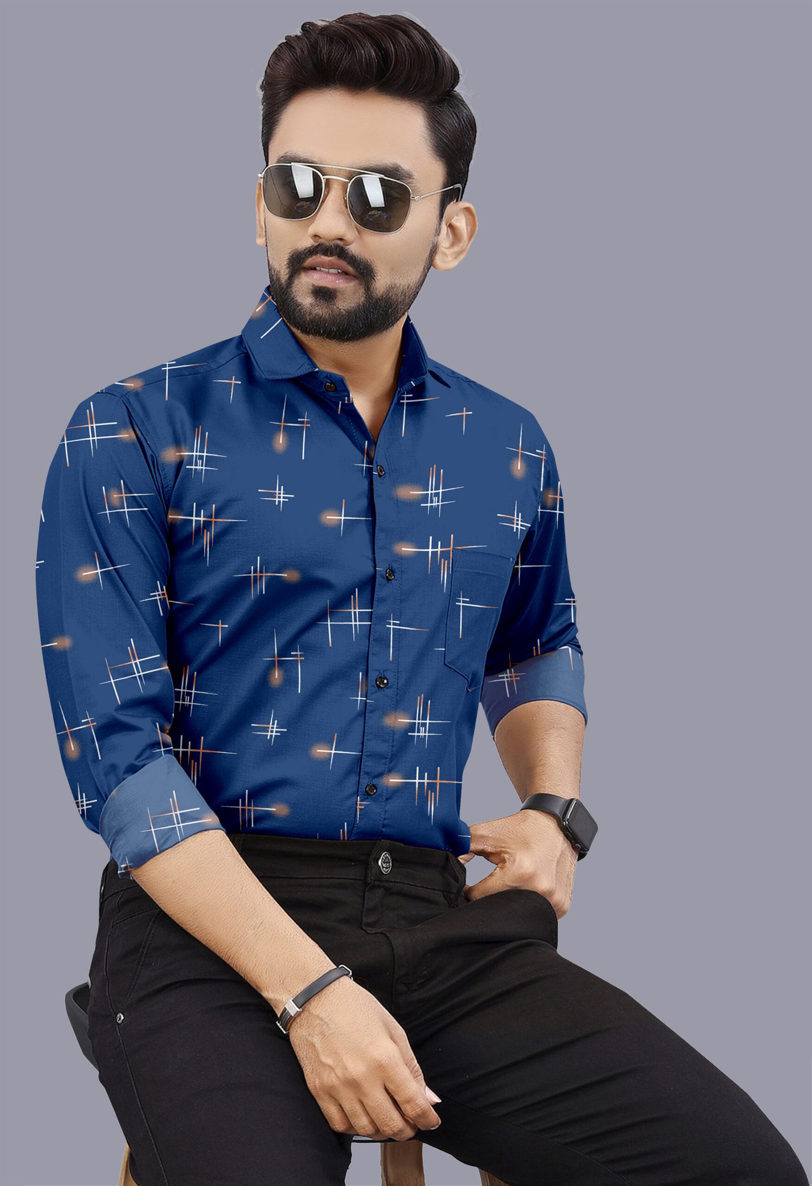 Midnight Blue Printed Casual Shirt for Men - Image 4